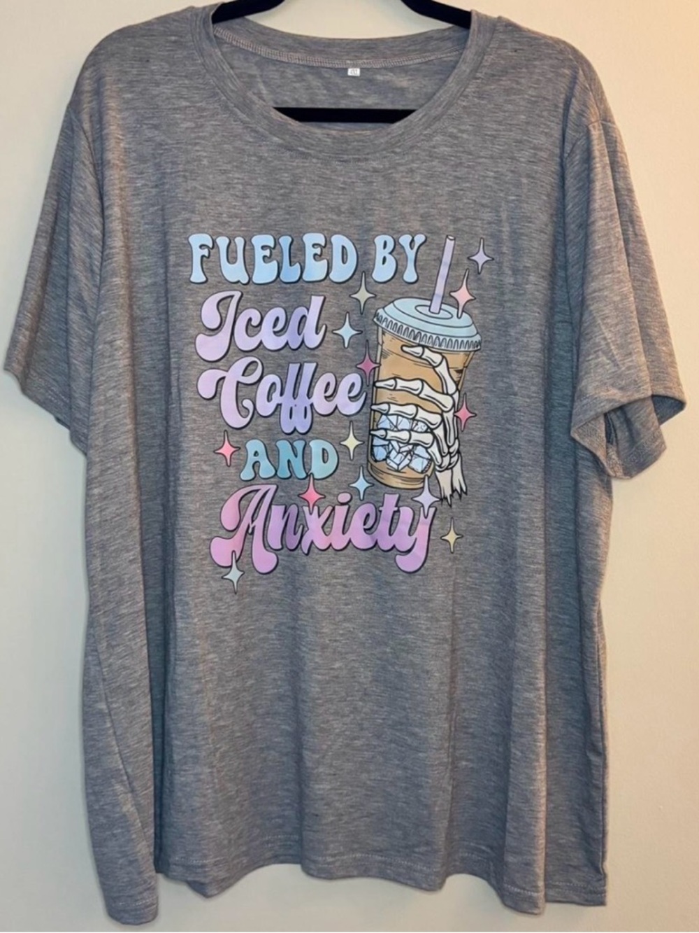 Fueled By Iced Coffee And Anxiety Graphic Tee - Grey 4xl